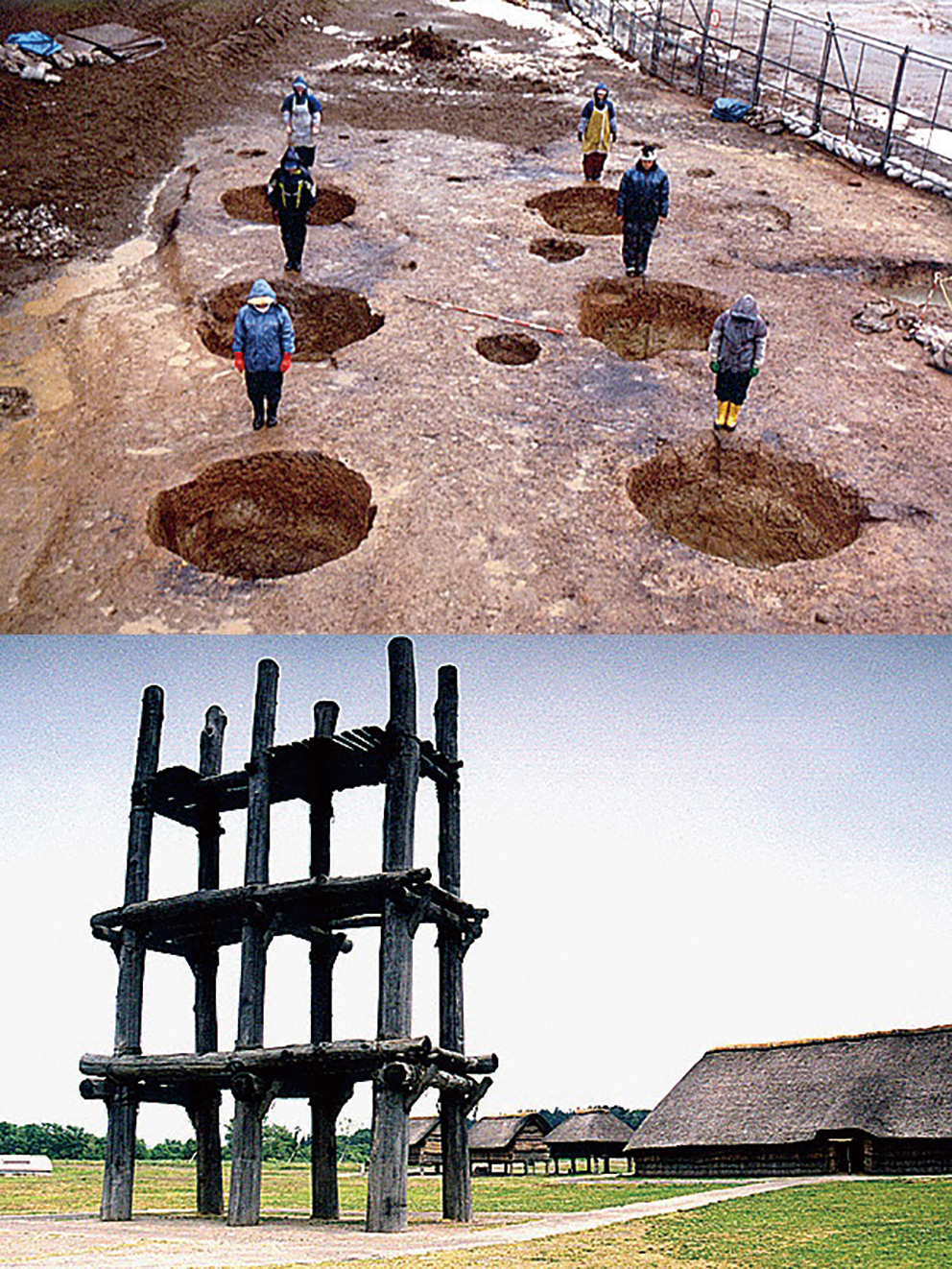 山内丸山遺跡で発見された柱跡（上）と復元された掘立柱建物（下）（出典=IPA）